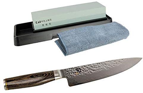 KAI Shun Premier Tim Mälzer Geschenkset | TDM-1706, ultrascharfes japanisches Kochmesser aus 32-Lagen Damaststahl | + KAI-Schleifstein AP-0305 | + Premium- Poliertuch
