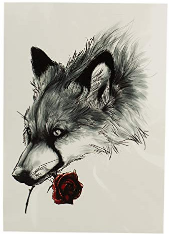 1 x buntes Wolf XL Tattoo - Rote Rose - Body Temporary Tattoo - HB889 (1)