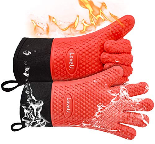 Guantes para Horno, Loveuing Guantes de Barbacoa de Doble Capa de Silicona y Algodón, Guantes de Cocina Resistentes al Calor, Guantes Flexibles para Parrilla y Hornear, 1 Par