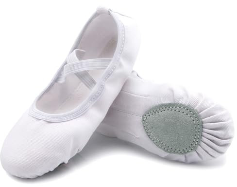 Acfoda Leinwand Ballettschuhe Mädchen mit Geteilter Ledersohle Flache Verstellbar Ballett Schläppchen Kinder Leicht Weich Ballerinas Tanz Gymnastik Schuhe Weiß Gr.33