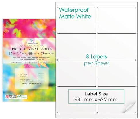 10 Blatt weiße, wasserfeste A4-Vinyl-Etiketten, selbstklebend, hochwertig, bedruckbar mit Tintenstrahldrucker (2 x 4 (8 pro Blatt))
