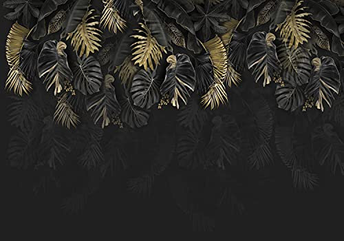 wandmotiv24 Fototapete Blätter Vintage grau, XL 350 x 245 cm - 7 Teile, Wanddeko, Wandbild, Wandtapete, gold Palmen retro M6720