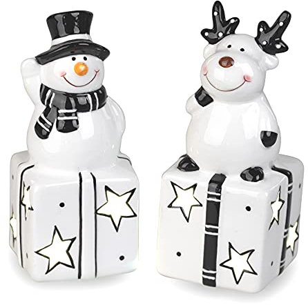 formano 2er Set LED Dekofigur | Elch Schneemann auf Geschenk | schwarz weiß | Weihnachtsdeko