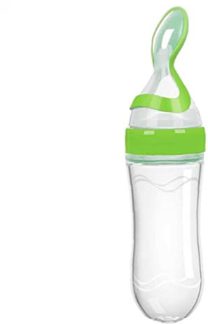 SouiWuzi Alimentatore per Bambini, Bottiglia di Silicone con Cucchiaio per Cibo, Verde, Senza BPA, Slow Flow