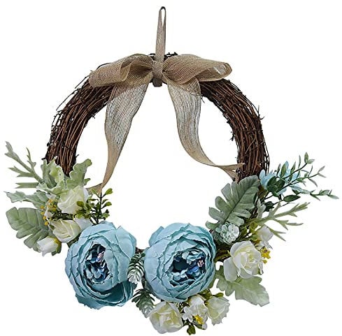 DADEA Door Wreath, Artificial Peony Flower Unfading Floral Wreath, 10Inch Hanging Ornament Wreath Front Door Spring Summer for Outdoor Front Door Indoor Wall Or Window, Blue, 10.2inch