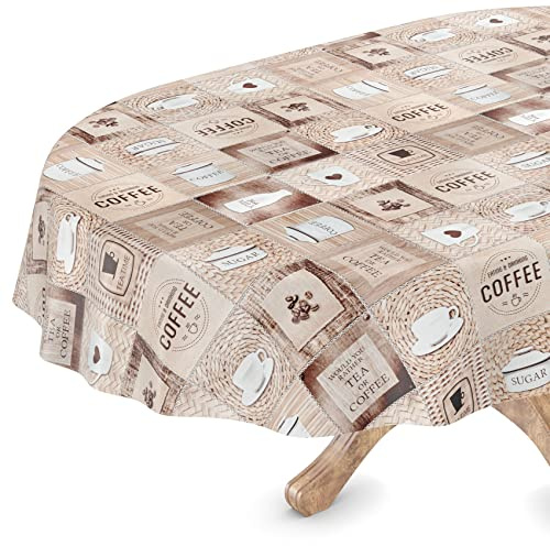 ANRO Tischdecke abwaschbar Wachstuch Wachstuchtischdecke Oval 140 x 280cm Schnittkante Kaffee Coffee pflegeleicht Wachstischdecke wasserabweisend Gartentischdecke Meterware Lotuseffekt