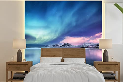 Selbstklebend Tapete Wandpapier Wandaufkleber Fototapete Tapeten Wanddeko 350x350 cm Nordlichter - Nacht - Winter