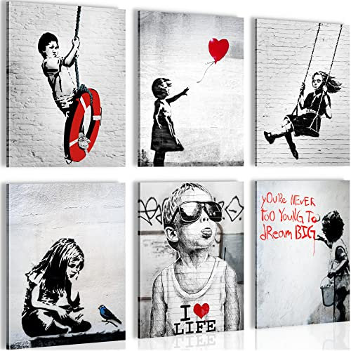 Novart Wandbilder - KEIN EXTRA RAHMEN BENÖTIGT - Wohnzimmer Büro Loft - Bilder Modern Banksy Collage - Street Art Grau - N003165a