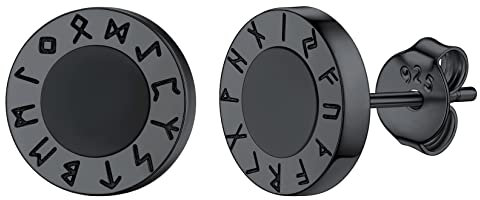 Boucles d'Oreilles pour Homme Viking Argent 925 Noir Homme Runes Clou Oreille Zirconium Noir Agate Runiques Enfant Garcon 5.5mm Talisman Noël Mari Copain Anniversaire