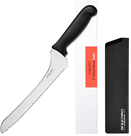 BOLEXINO 9 Inch Offset Serrated Bread Knife, Wavy Edge knife, High Carbon Stainless Steel Multi-Purpose Kitchen Knife for Homemade Bread, Crusty Breads, Cake, Bagel