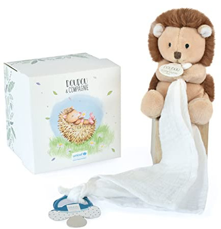 Doudou et Compagnie - Doudou Attache Tétine, Sucette - Hérisson - UNICEF - Boite Fleur - 12 Cm - Idée Cadeau de Naissance Fille et Garçon - Garantie Doudou Perdu - DC3983