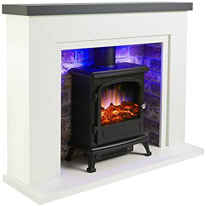 Endeavour Fires Farlington Electric Fireplace, Black Log Burner Stove in 48’’ Off White Surround, LED Downlights with Remote Control (Grey Top/Rustic Brick)
