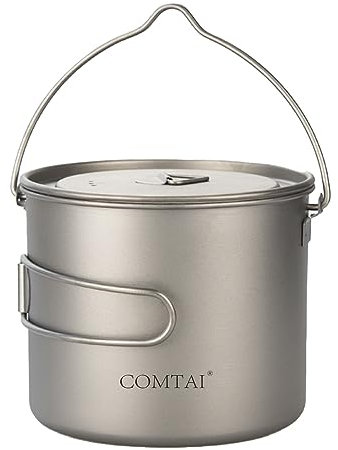 COMTAI Utensilios de cocina de titanio para acampar, 1100 ml, olla de titanio con tapa y mango fotable, olla de cocina de titanio para mochileros al aire libre, senderismo, camping, cocina