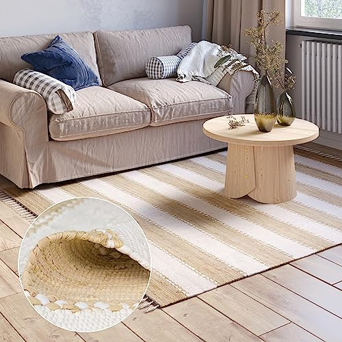 MY-RUG Chindi Fleckerlteppich 140 x 200 cm - Beige Weiß gestreift, handgewebt, recycelte Baumwolle als Flickenteppich und Wendeteppich, moderner Kelim Teppich Aarav