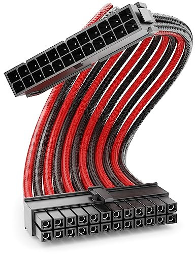 deleyCON 24 Pines ATX Cable de Fuente de Alimentación Extensión 30 cm - 18 AWG PSU Placa Base PC Ordenador Fuente de Alimentación Nylon Macho a Hembra - Negro Rojo