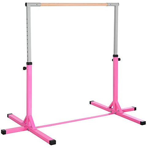 HOMCOM Barra de Gimnasia para Niños de +3 Años Barra de Entrenamiento con Altura Ajustable 92-150 cm Barra Horizontal de Gimnasia Carga 75 kg 194x121x150 cm Rosa
