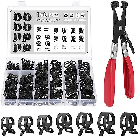 WiMas 150PCS 7 Sizes Fuel Line Spring Hose Clamps Water Pipe Air Tube Silicone Vacuum Hose Clips Fastener 15-22mm Low Pressure Air Clamp with a Hose Clamp Pliers Assortment Kit