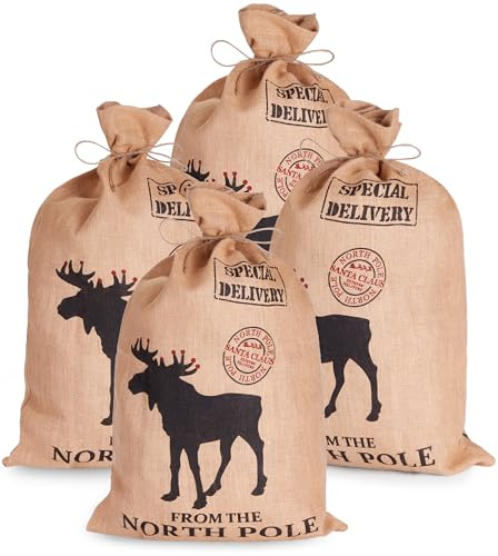 BRUBAKER Weihnachtssack Special Delivery from the North Pole - 80 cm Geschenksack Weihnachten - Nikolaussack Jutebeutel Sack mit Kordel zum Verpacken von Geschenken - Jutesack Elch - 4 Stück