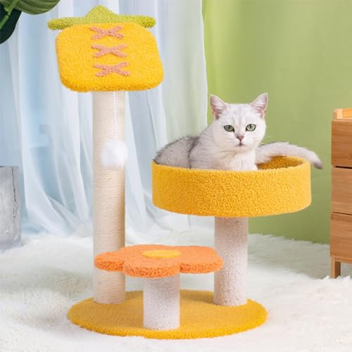 Yellow Cat Tree: 60cm Height, Sisal Scratching Post, Comfort Perch, Cat House, and Toys