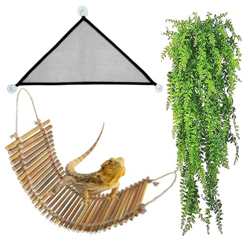 kathson Reptile Bridge for Terrarium,Bearded Dragon Wooden Bridges Gecko Hammock with Hanging Plants Lizard Lounger Bamboo Ladder Reptiles Tank Accessories Climbing for Chameleons Geckos Snakes (3Pcs)