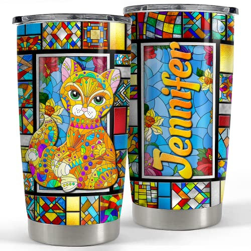 Thermos 590ml Tasse À Boire Isotherme Avec Paille Et Couvercle Gobelet De Café Pour Collègue Ami Maman Gobelet De Chat Personnalisé Avec Dessin De Vitrail De Nom Personnalisé