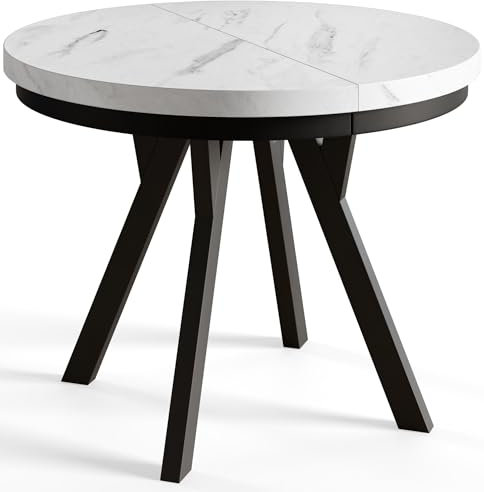 AlpiMeble Runder Esszimmertisch EVO, ausziehbarer Tisch Durchmesser:100 cm bis 200 cm, Wohnzimmertisch Farbe: MARMUR, mit Holzbeinen in Farbe Schwarz