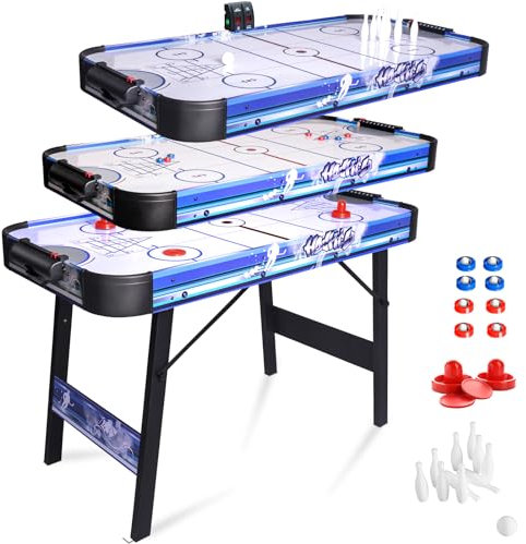 HLC 3 in 1 Air Hockey Table Foldable 4FT Powered Electronic Hockey Game Table with Shuffleboard,Bowling Indoor with All Accessories for Adults and Kids