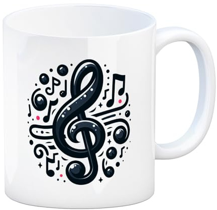 Musiknoten und Notenschlüssel Kaffeebecher Schwarze Musiknoten Tasse Notenschlüssel Clef Tonsymbol Melodie im Kaffee-Genuss Dirigent Musiker