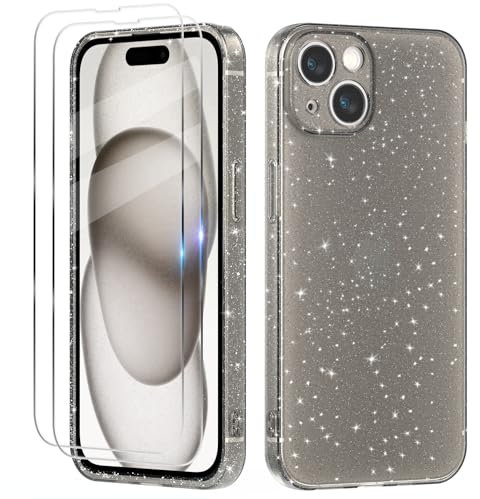 Tikgue Hülle für iPhone 15 mit 2 Stück Schutzfolie，Handyhülle Glitzer Transparent Silikon Stoßfeste Schutzhülle Slim Weich TPU Case Kompatibel mit iPhone 15 - Schwarz
