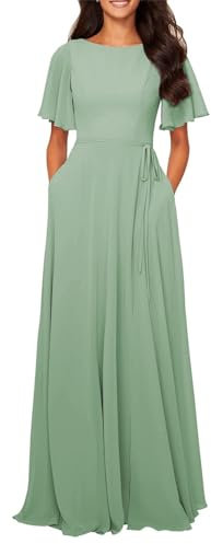 HPPEE Women's Long Sleeve Bridesmaid Dresses Boat Neck Chiffon Formal Evening Party Gown WYX527 Sage Green UK14