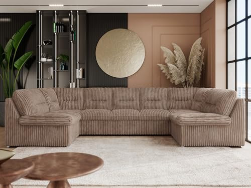 MKS MEBLE Sofa XXL U-Form Cord Braun, Wohnlandschaft Mit Schlaffunktion, Schlafsofa, Wohnzimmer Couch - Comodo U - Braun Cord