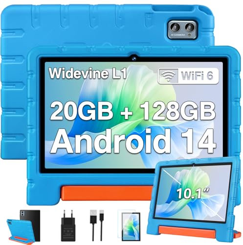 ZIOVO Kinder Tablet 10 Zoll Android 14 mit 20 GB RAM+128GB ROM(TF 1TB), WiFi 6, Octa-Core, Widevine L1, Kindersicherung, 6000mAh, BT 5.0, GMS Certified Kids Tablet mit Eva Case - Blau