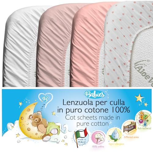 4BABIES - Lot de 4 Draps 60x120 lit Bebe, Drap Housse Bebe 100% Coton Respirants, Confortables et Hypoallergénique, Oeko-tex100, Fabriqué en Italie - Pois Praline, Rose Praline, Rose sépia et Blanc