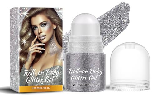Roll-on Body Glitter Gel, Purpurina Cara Festival Gel, Glitter Face Paint Holographic Hair Glitter Gel, Purpurina Brillante para Cosméticos, Pelo, Labios, Uñas, Fiesta (Gris Plata)