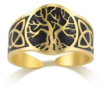 Dreamtimes Yggdrasil Albero della Vita Anello per uomo donna Anello vintage regolabile Anello in acciaio inossidabile vichingo nodo celtico (nero-Oro)