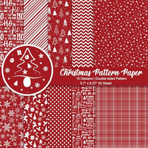 Morcheiong Lot de 55 feuilles de papier décoratif pour la fabrication de cartes, le scrapbooking, l'album photo, 10 motifs (rouge, 14,5 x 21 cm)