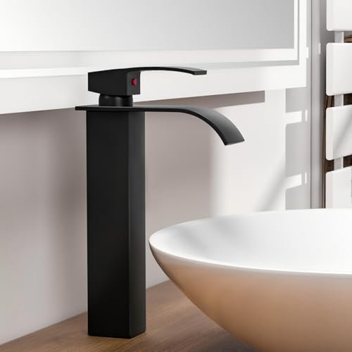 Robinet de Lavabo Haut Auralum, Mitigeur de Salle de Bain Noir pour Vasque à Poser, Bec Haut de 200mm, Design Moderne et Élégant