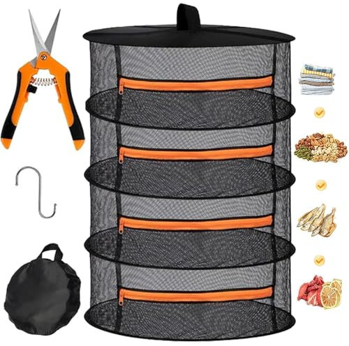 Abiemuce Red de secado para hierbas, 4 capas para colgar hierbas, red de secado con tijeras de podar y ganchos, cremallera plegable, red de secado, para hierbas, plantas, especias, ropa