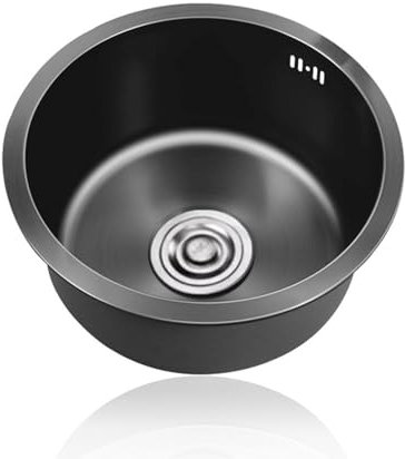 Fregadero Cocina Inox Redondo,Pileta de Cocina Negro,Lavadero Cocina 1 Seno,Pila de Cocina PequeñO con Drenaje,Formas de Instalar Sobre Encimera/Bajo Encimera (Ø 28cm)