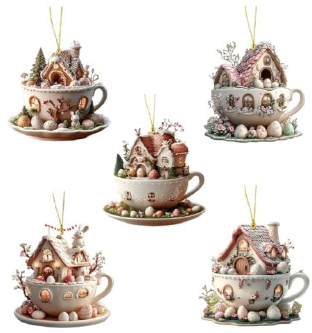 Hasen Kaffeetassenhaus 2D Osterornamente, 5er-Pack Hasenhaus Osterbaumschmuck, Hängende Vintage Osterdekorationen mit Schlüsselbändern, Bruchsichere Acryl Ostereieranhänger, für Heimdekoration