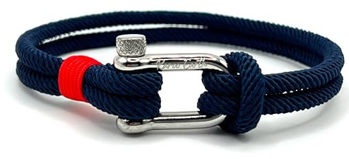 KAROO EARTH JEWELLERY Men's Nautical Rope Bracelet, Durable Nylon Marine Rope | Bracelet with stainless steel D-shackle | Mens Double Strand rope bracelet (Navy Blue, 19cm (Small - Medium))