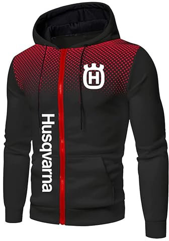 PGENDJHTE Herren Polka Dot Hoodie Hus.q_varna Outdoor Klassisch Lässig Zip Cardigan Fleece Sport Jacke mit Taschen (black red,L)