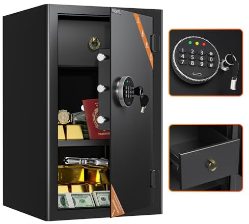 WASJOYE 88.8L Grand Coffre Fort de Documents avec Tiroirs, Coffre-Fort de Sécurité avec Serrure de Clavier Numérique, Safe pour le Bureau à Domicile, Hôtel, Monnaie, Bijoux, Rangement de Passeport