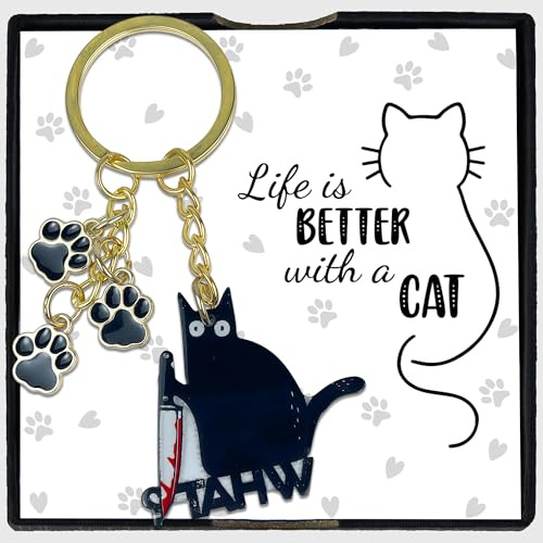 Chaotic Black Cat Keychain with Knife – Hilarious Charm Featuring Bloody Blade and Paw Print, Quirky Dark Humor Gift for Cats Lovers, Cute Keyring with Life Is Better with a Cat Message Gift Box
