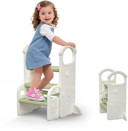 hoopyosms Sgabello Bambini con Maniglie, Scaletta Regolabile a 2 o 3 Gradini, Compatta e Antiscivolo per Bagno, Cucina, WC e Lavandino(Verde)