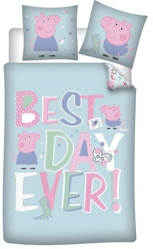 Aymax Peppa Wutz Kinder Bettwäsche Set 135x200 cm – Mikrofaser-Bettgarnitur mit Kissenbezug 63x63 cm – Motiv „Best Day Ever“ für Mädchen & Jungen