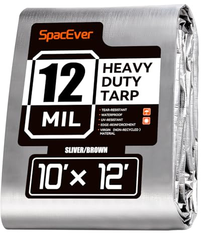 Spacever Tarp Heavy Duty 10x12 FT, 12 Mil Thick Large Tarps Water-Proof with Grommets, UV& Tear Resistant, Plastic Cover for Pool Roof Tent Outdoor Firewood, Silver& Brown