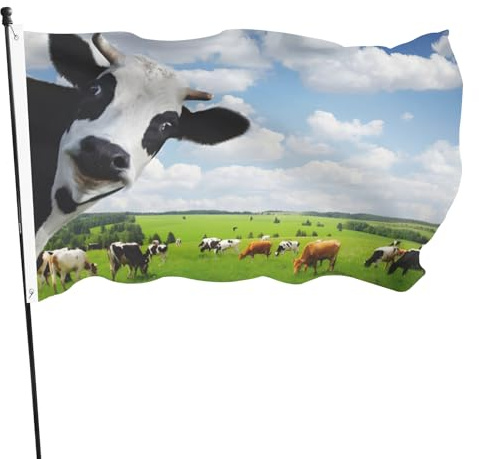 Lustige Kuh mit grüner Wiese, Outdoor-Flagge, lebendige Farben und lichtbeständige Outdoor-Banner, 150 x 90 cm, doppelseitiger Druck, Windflagge, Gartenflagge für Hof, Haus, Heimdekoration