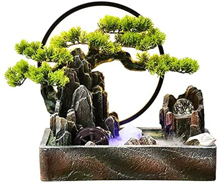 Zimmerbrunnen Wasserfall Innenharz-Tischbrunnen, Wasserfälle, Brunnen, künstlicher Bonsai-Baum, dekorativer Tischbrunnen mit LED-Licht for Heim- und Büro-Innenraumdekoration Deko Tischbrunnen
