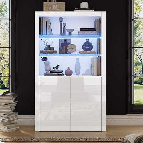 QMTXBYJ Vitrinenschrank mit LED Beleuchtung, 100x35x170 cm Glasvitrine Stehend mit 2 Türen und 2 Glasböden, Vitrine Hochschrank Weiß, Standschrank Bücherschrank Küchenschrank für Wohnzimmer Büro